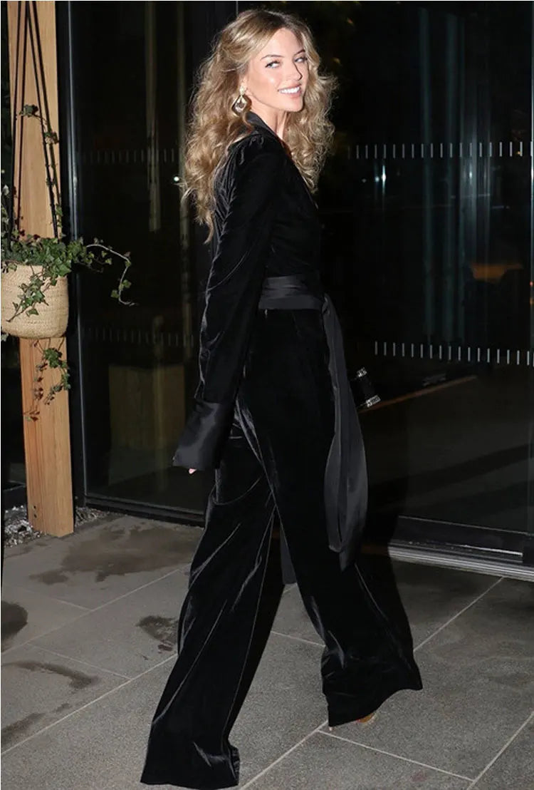 Women Romper Sexy V Neck Velvet Jumpsuit Flare Sleeve Belt Work Party Ropmers Fashion Streetwear Long Pant  Overalls  2020
