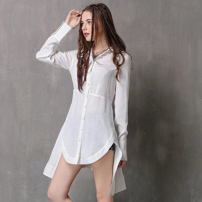 Women's Blouse 2018 Yuzi.may Boho New Cotton Linen Blusas Turn-down Collar Long Sleeve Asymmetrical Hem Women Shirt B9255