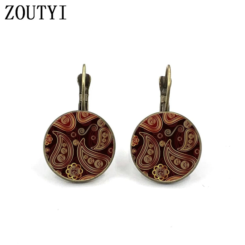 New/Hot Sale Colorful Indian Mandala Om Henna Yoga, convex glass inlay earrings, men and women wear jewelry.