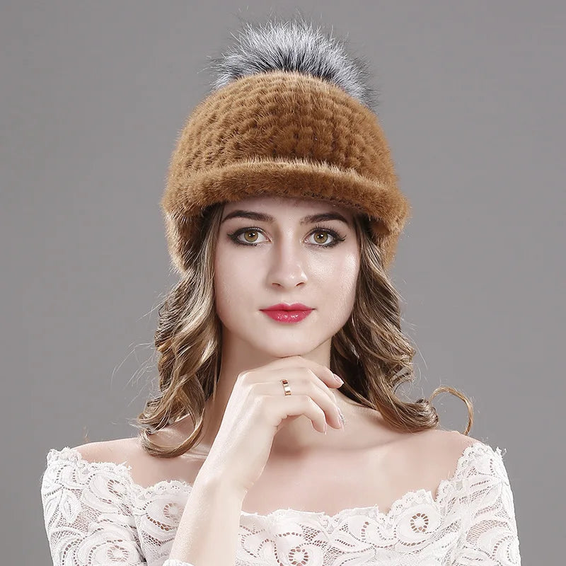 Winter New Mink Fur Knitted Visor Hat Women Fashion Fox Fur Ball Pompom Cap Female Thickened Warm Outdoor Casual Lady Caps H7058