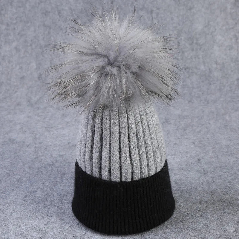 Xthree Winter Knitted Hat Cashmere Beanies  With Real Raccoon Fur Pom Poms Skullies Hat for Women Girls Hat Feminino