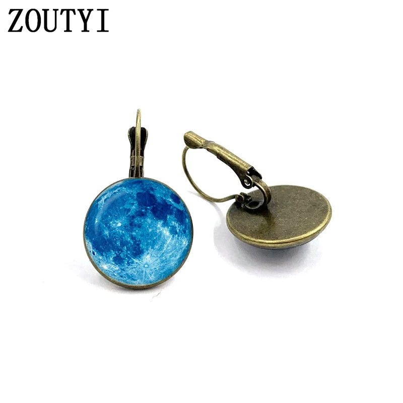 New/Charming Fashion Blue Moon Blue Nebula Space Pattern Earrings, Concave and Concave Glass Women's Earrings.