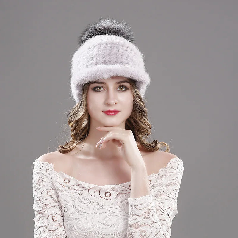 Winter New Mink Fur Knitted Visor Hat Women Fashion Fox Fur Ball Pompom Cap Female Thickened Warm Outdoor Casual Lady Caps H7058