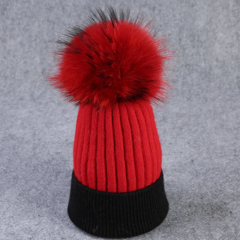 Xthree Winter Knitted Hat Cashmere Beanies  With Real Raccoon Fur Pom Poms Skullies Hat for Women Girls Hat Feminino