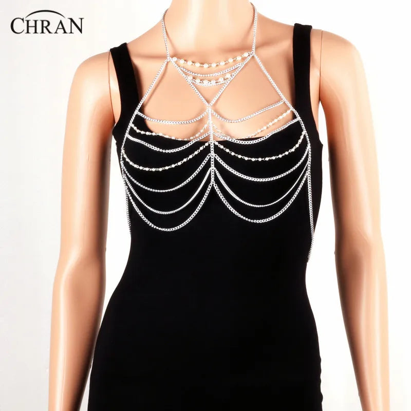 Chran Luxury Fashion Stunning Sexy Body Belly Silver Gold Tone Beach Chain Bra Pearl Slave Harness Necklace Tassel Waist Jewelry