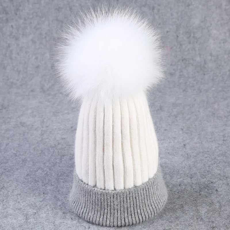 Xthree Winter Knitted Hat Cashmere Beanies  With Real Raccoon Fur Pom Poms Skullies Hat for Women Girls Hat Feminino