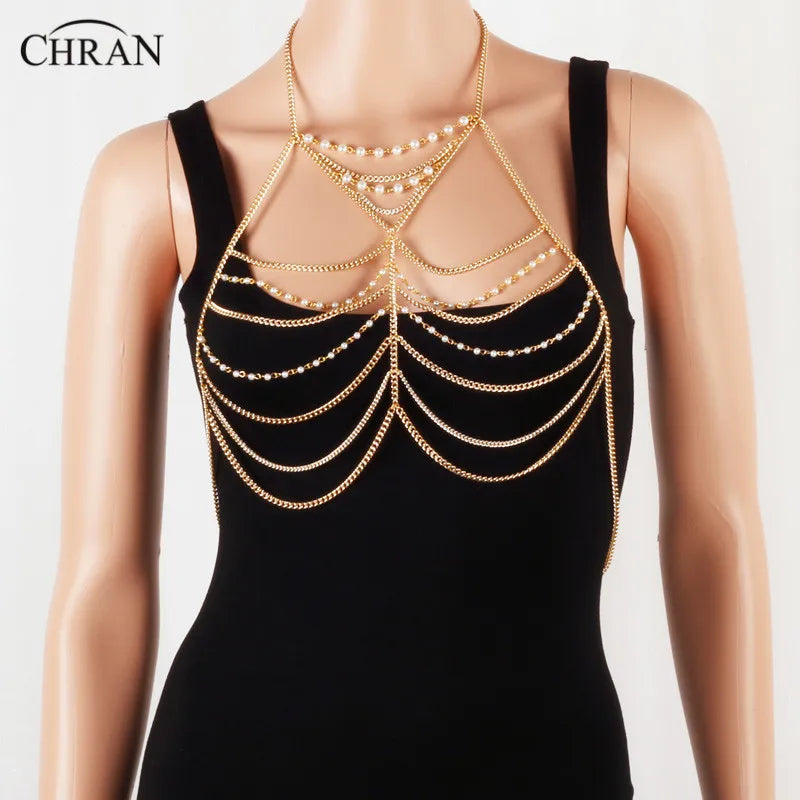 Chran Luxury Fashion Stunning Sexy Body Belly Silver Gold Tone Beach Chain Bra Pearl Slave Harness Necklace Tassel Waist Jewelry