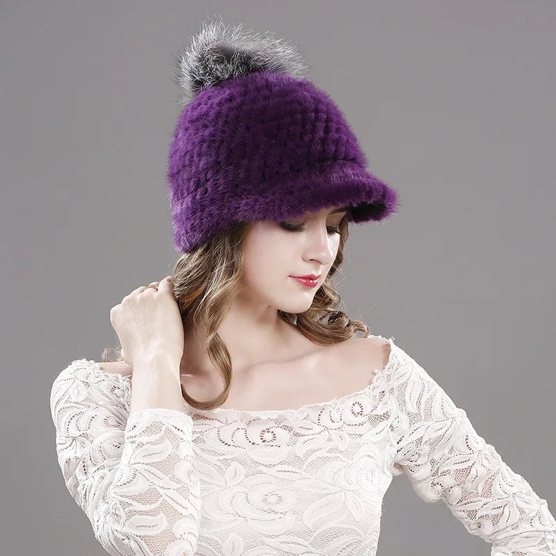 Winter New Mink Fur Knitted Visor Hat Women Fashion Fox Fur Ball Pompom Cap Female Thickened Warm Outdoor Casual Lady Caps H7058