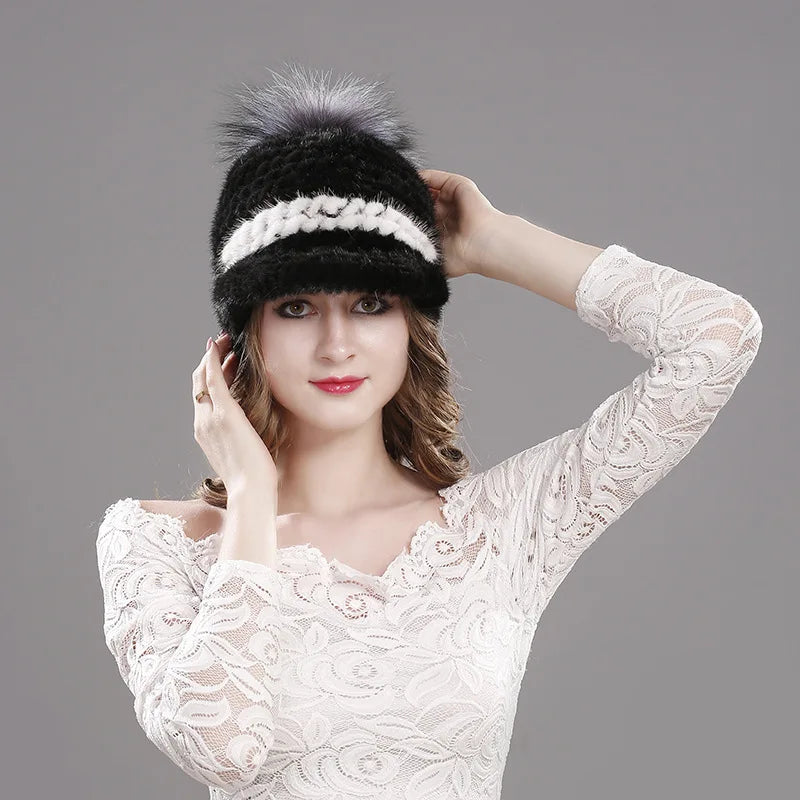 Winter New Mink Fur Knitted Visor Hat Women Fashion Fox Fur Ball Pompom Cap Female Thickened Warm Outdoor Casual Lady Caps H7058