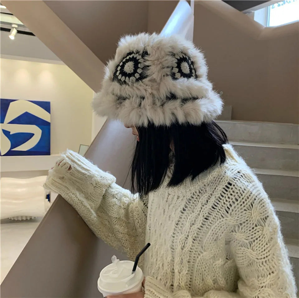 2021 Handmade hook flower 100% Natural Fur Hats Knitted Warm Genuine Mink Fur Cap Russian Women Luxury Panama Fur Hat wool kpop