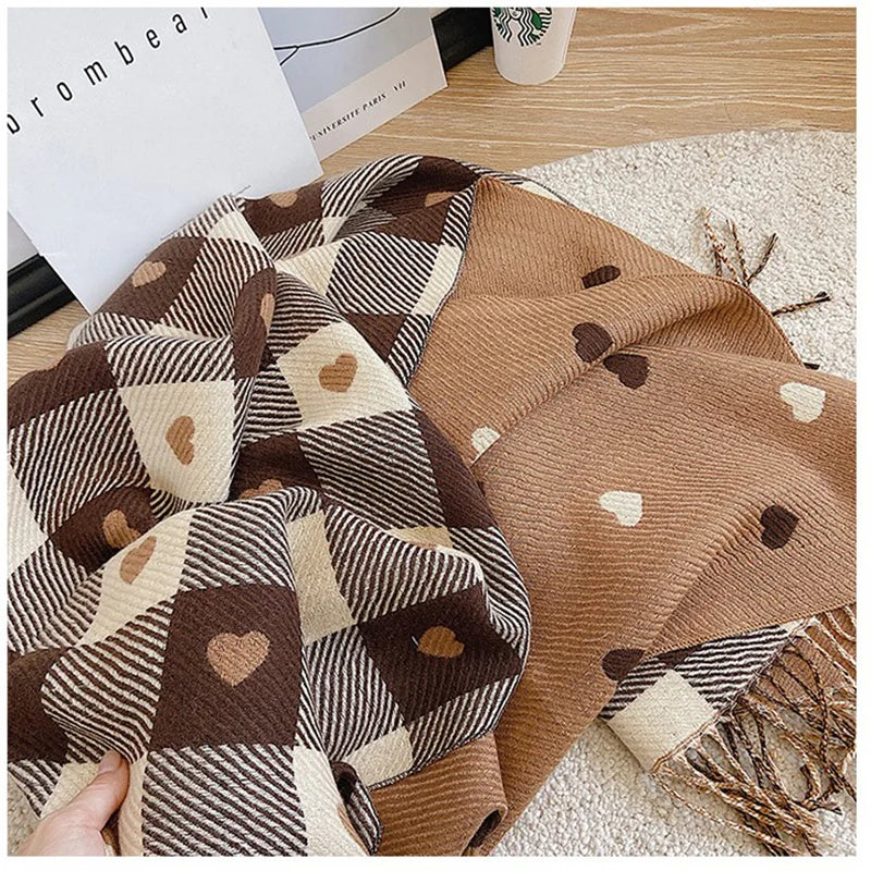 Fashion Winter Cashmere Scarf Women 2022Design Warm Pashmina Blanket Plaid Heart Scarves Female Shawl Wrap Thick Foulard Bufanda