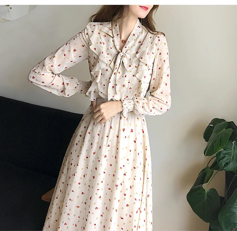 2021 Autumn Dress Women V Neck Bow Tie Chiffon Floral Dresses Elegant French Style Slim Waist Hearts Printed Long Sleeve Dresses