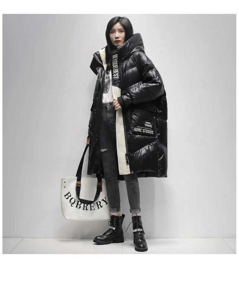 Winter Black Long 90% White Duck down Jacket Women Streetwear 2024 New Fashion Loose Letter Windproof Parkas Hooded Down Coats