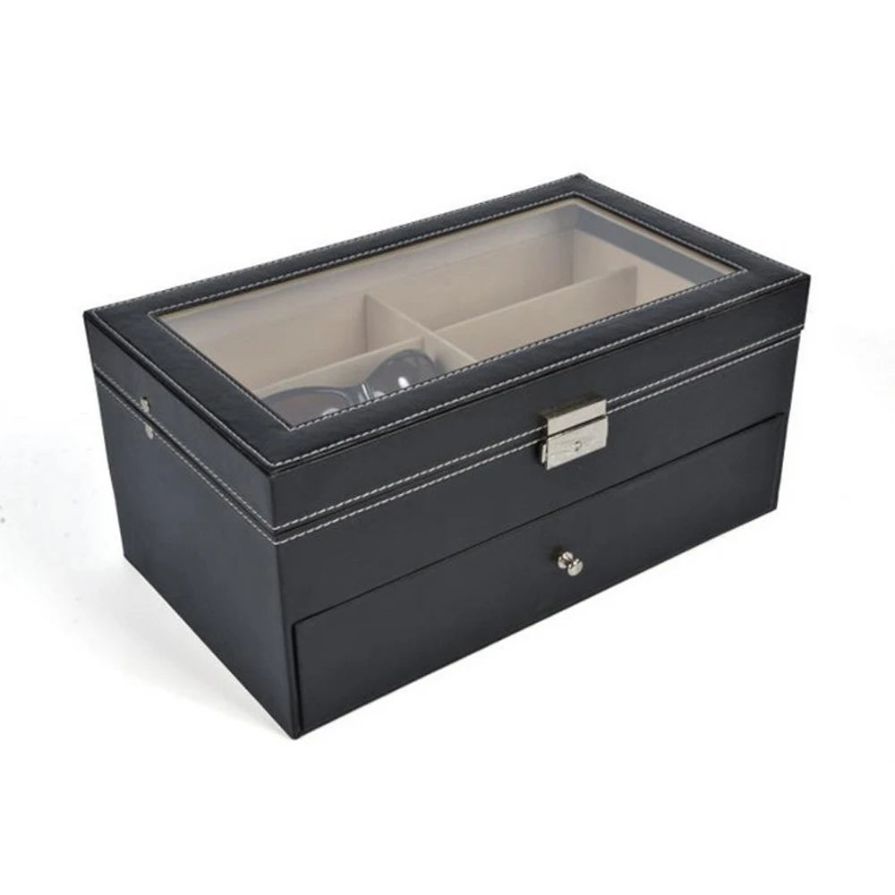 12 Grids Black Sunglass Organizer Leather Eyeglasses Collector Double-Layer Eyewear Display Case Lockable Storage Box