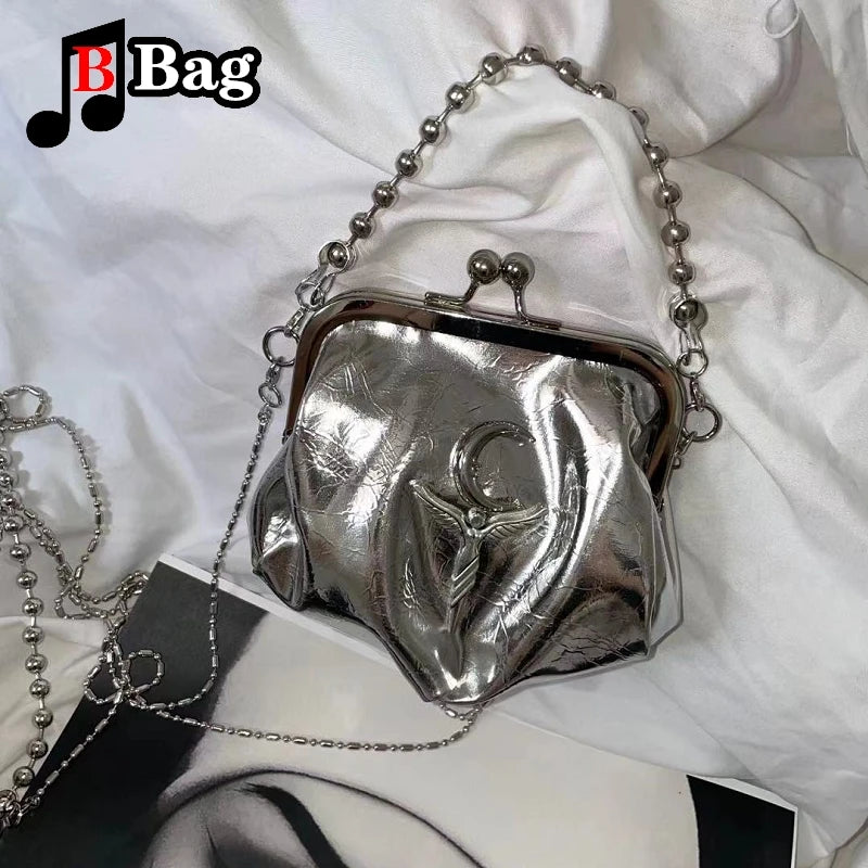 Harajuku Y2K Womens Mini Wallet Handbag Hot Girl Bright PU leather shoulder bag Lady Retro Bead chain Clip bag Tote