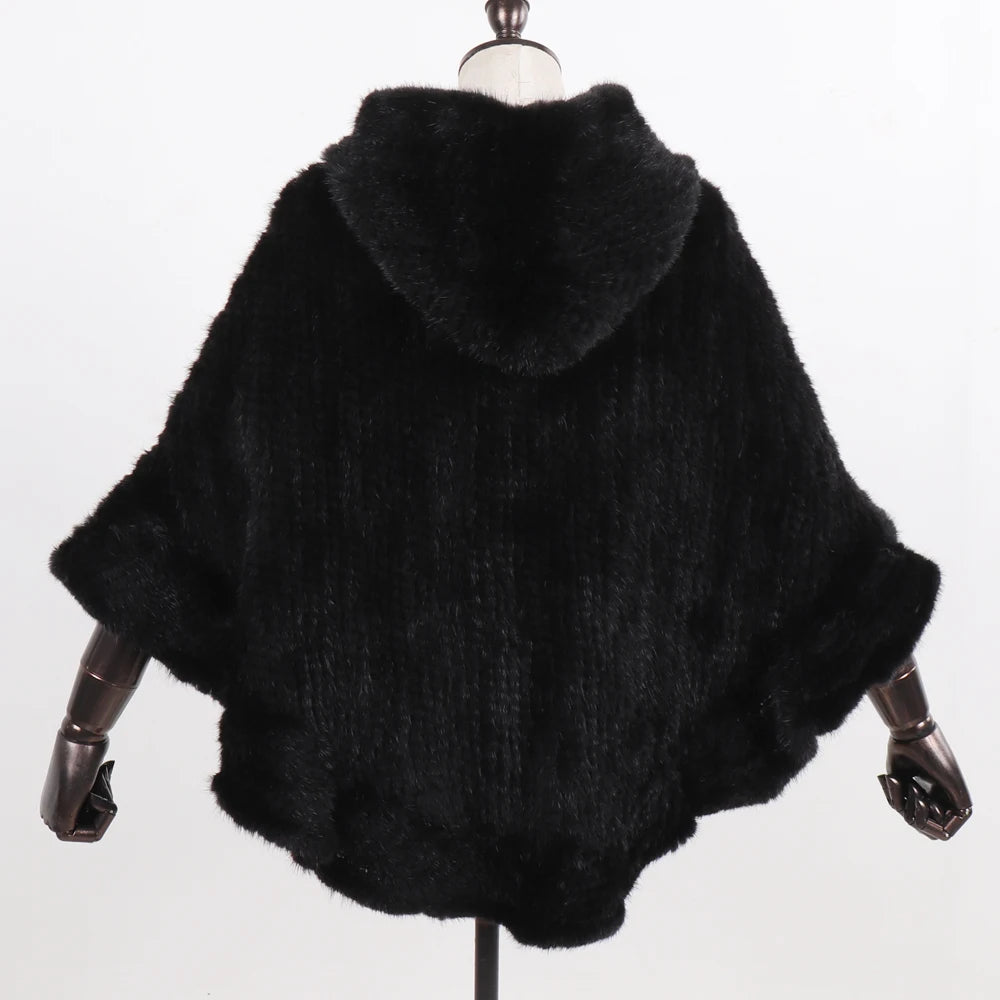 Hot Sale Women Natural Mink Fur Hooded Pashmina Coat 100% Genuine Mink Fur Shawl Lady Luxury Hand Knitted Real Mink Fur Poncho