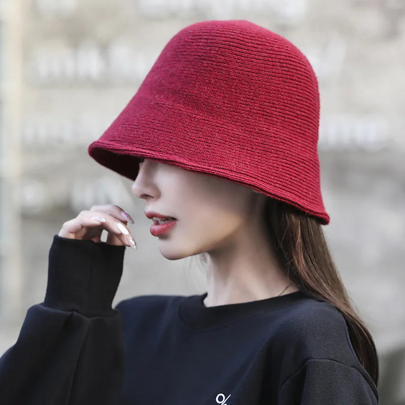 X093 New Fisherman's Hat for Women  Winter Warm Knitted Hat Covers Her Face Japanese Bucket Basin Hat Literary Brim Caps