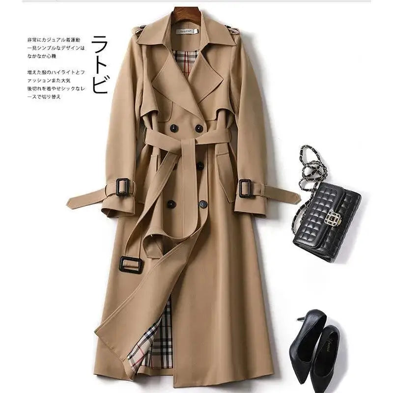 2021 Women Trench Elegant Coat With Belt Autumn Winter Double Breasted Solid Cloak Korean Style Windbreaker Womens Middle Long