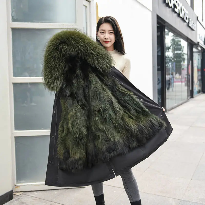 HANZANGL Women Fur Coat 2022 Winter New Real Raccoon Fox Fur Detachable Liner Long Parkas Women Clothing 12 Color  S-4XL