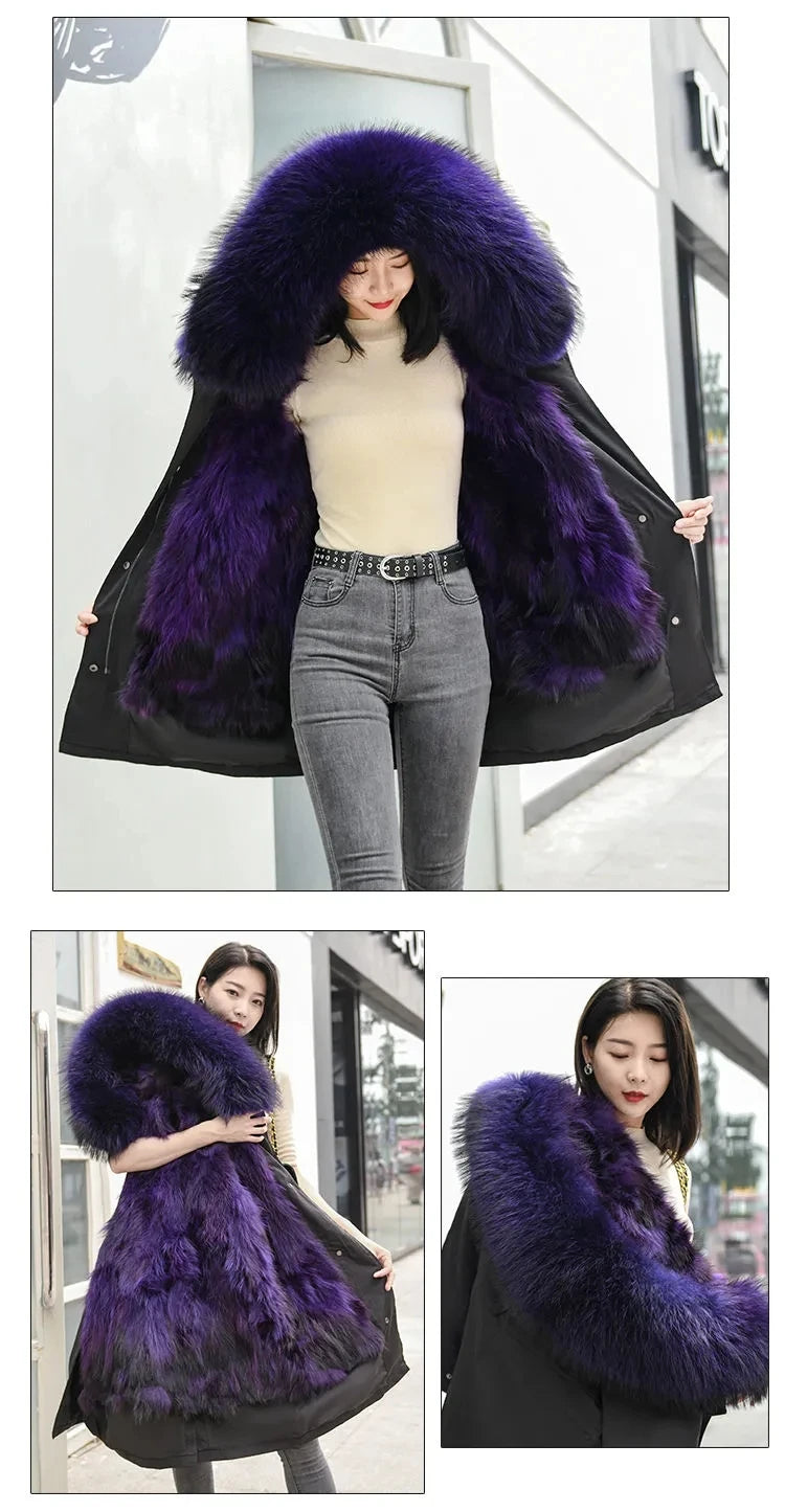 HANZANGL Women Fur Coat 2022 Winter New Real Raccoon Fox Fur Detachable Liner Long Parkas Women Clothing 12 Color  S-4XL