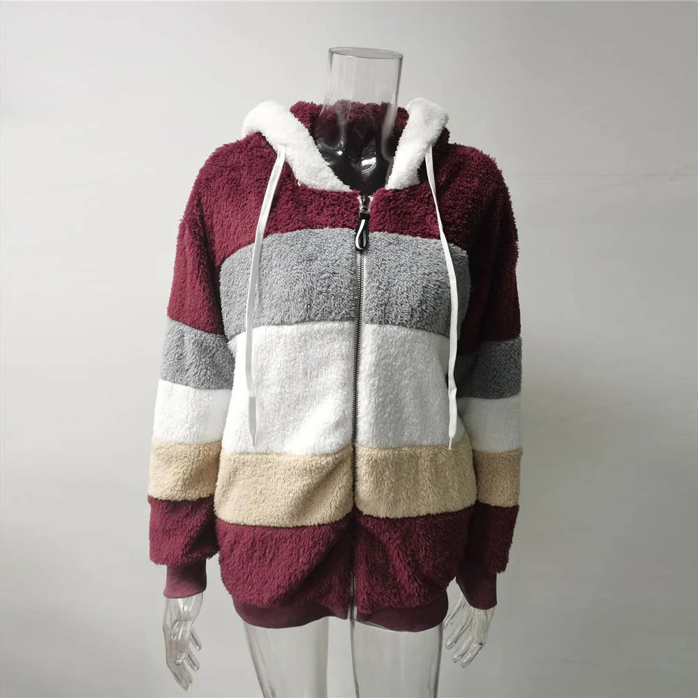 Women Winter Oversized Sherpa Sweater Plus Size 5XL Fleece Zipper Cardigan Hooded Coat Faux Fur Teddy Jacket