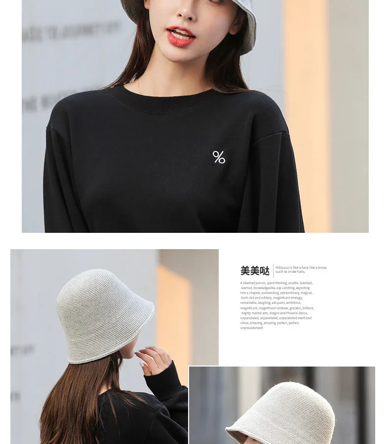 X093 New Fisherman's Hat for Women  Winter Warm Knitted Hat Covers Her Face Japanese Bucket Basin Hat Literary Brim Caps