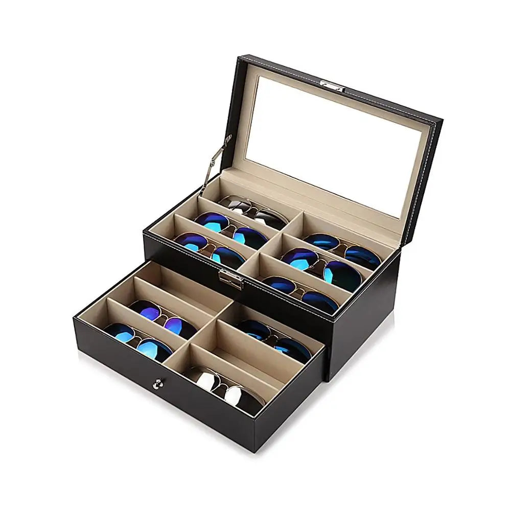 12 Grids Black Sunglass Organizer Leather Eyeglasses Collector Double-Layer Eyewear Display Case Lockable Storage Box