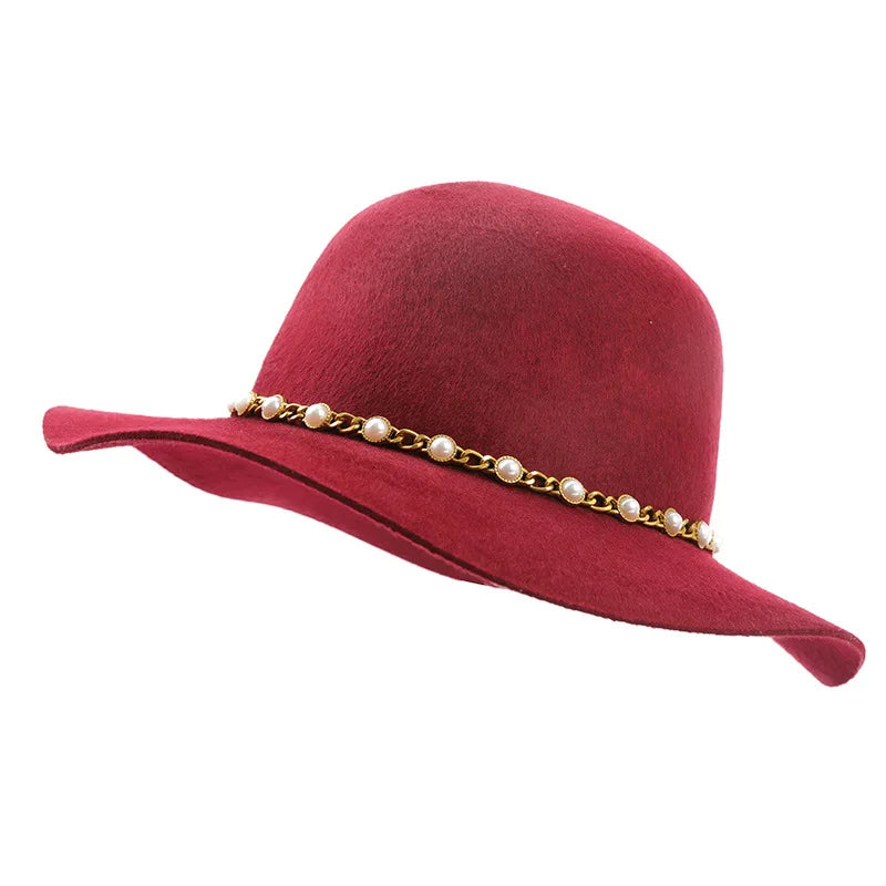 USPOP Autumn Winter Women Wool Fedoras Female Casual Pearl Chain Red Fedora Hat