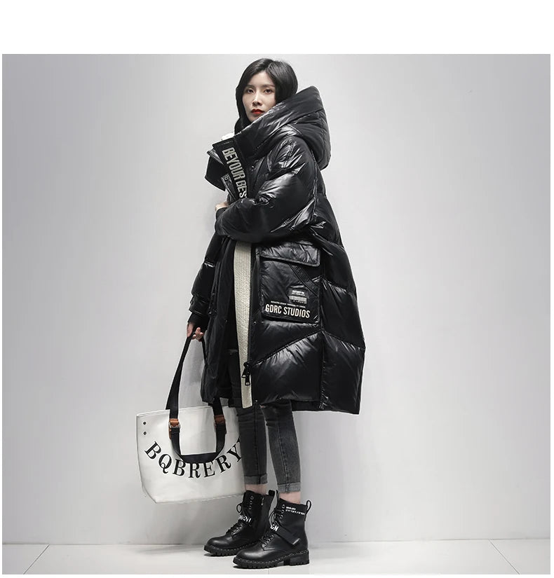 Winter Black Long 90% White Duck down Jacket Women Streetwear 2024 New Fashion Loose Letter Windproof Parkas Hooded Down Coats