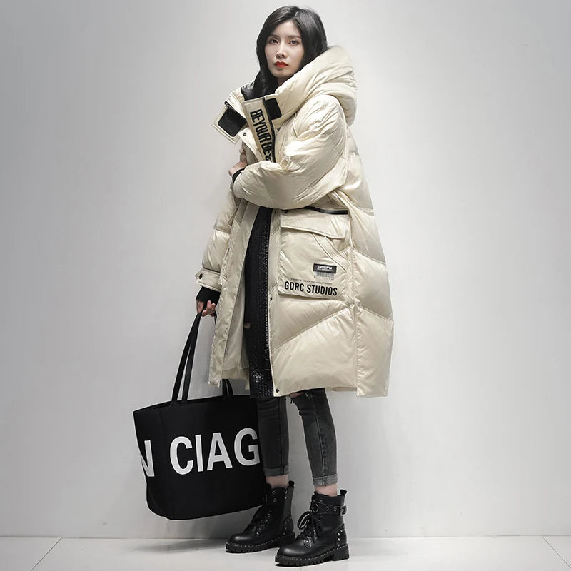 Winter Black Long 90% White Duck down Jacket Women Streetwear 2024 New Fashion Loose Letter Windproof Parkas Hooded Down Coats