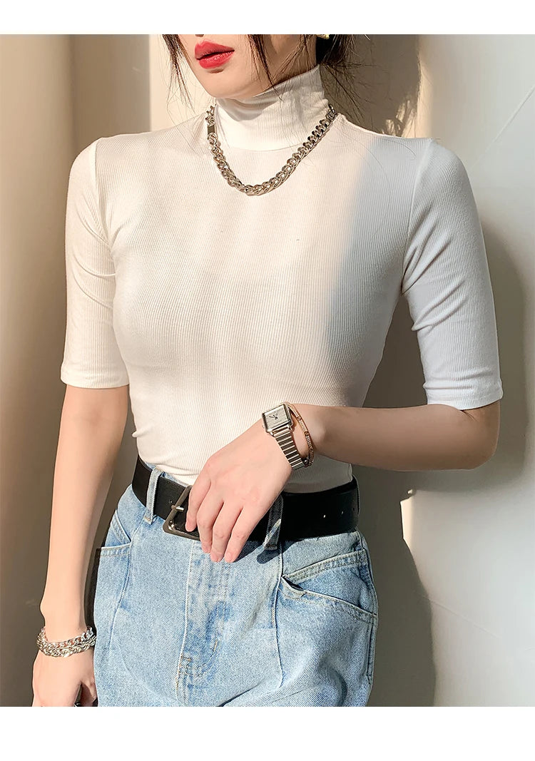 Spring Autumn Black Turtleneck Tops Short Sleeve Slim Tshirt Women Korean Style Basic Elasticity Tee Shirt Femme Mujer Camisetas