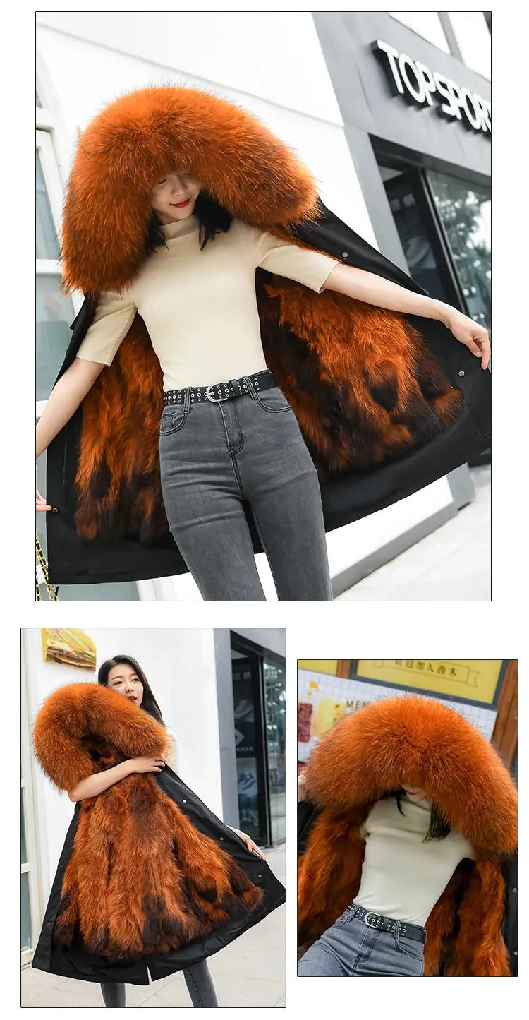 HANZANGL Women Fur Coat 2022 Winter New Real Raccoon Fox Fur Detachable Liner Long Parkas Women Clothing 12 Color  S-4XL