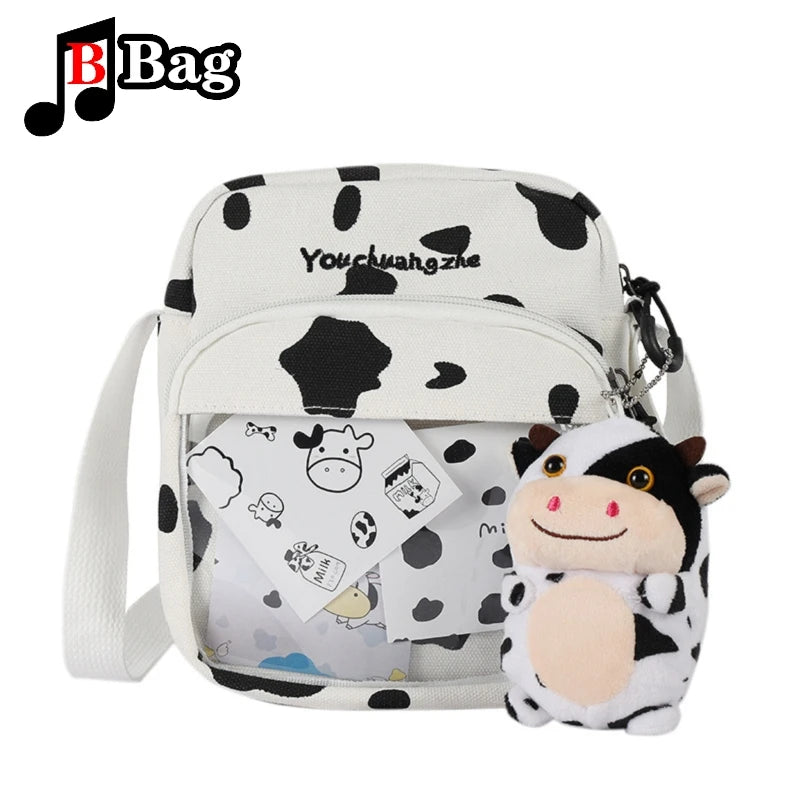 Women Girls Cartoon Cow Print Shoulder Crossbody Bag Cute cow card transparent canvas Satchel itabag