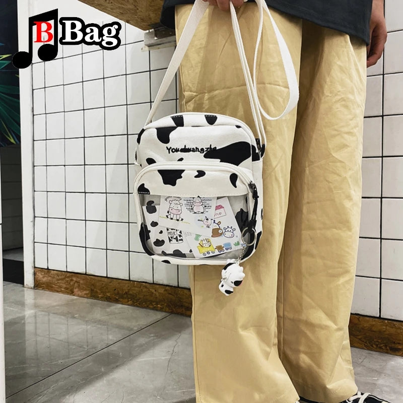 Women Girls Cartoon Cow Print Shoulder Crossbody Bag Cute cow card transparent canvas Satchel itabag