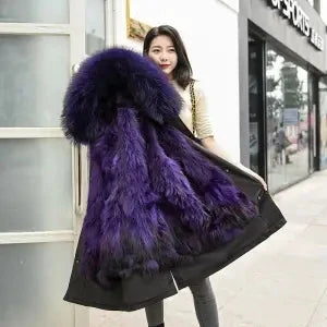 HANZANGL Women Fur Coat 2022 Winter New Real Raccoon Fox Fur Detachable Liner Long Parkas Women Clothing 12 Color  S-4XL
