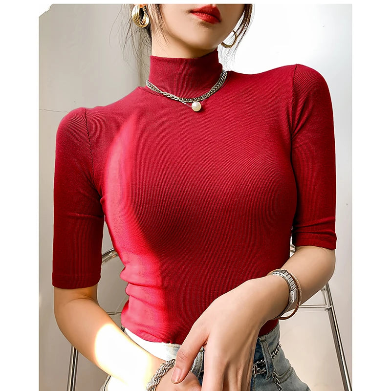 Spring Autumn Black Turtleneck Tops Short Sleeve Slim Tshirt Women Korean Style Basic Elasticity Tee Shirt Femme Mujer Camisetas