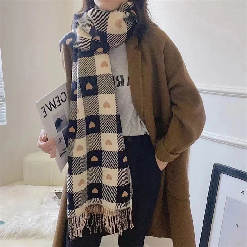 Fashion Winter Cashmere Scarf Women 2022Design Warm Pashmina Blanket Plaid Heart Scarves Female Shawl Wrap Thick Foulard Bufanda