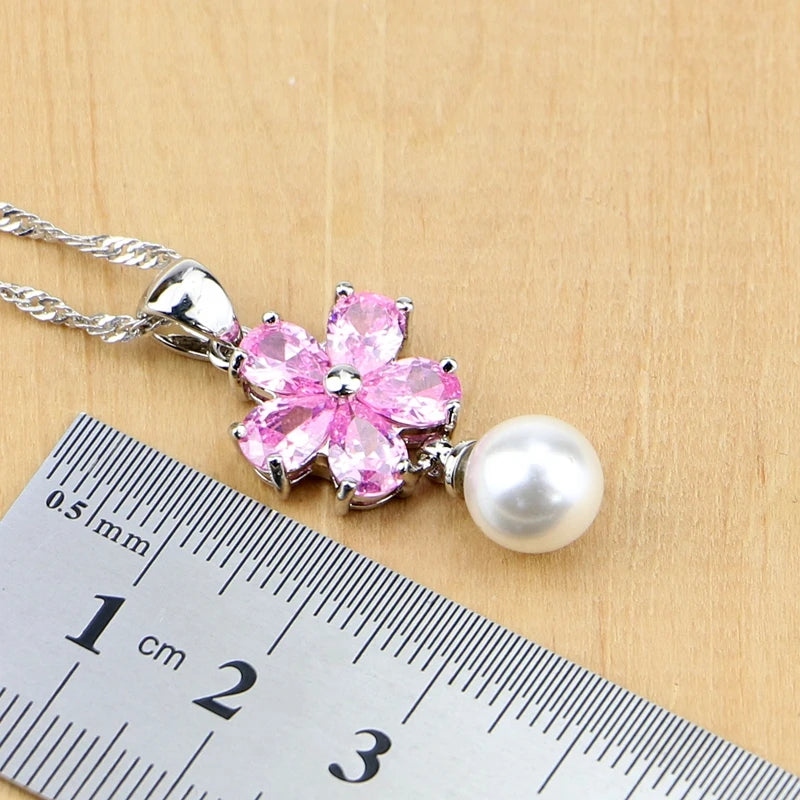 Elegant 925 Sterling Silver Jewelry Sets Pink Zircon With Pearl Beads For Women Wedding Earrings/Pendant/Rings/Bracelet/Necklace