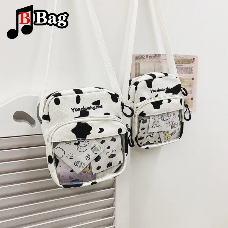 Women Girls Cartoon Cow Print Shoulder Crossbody Bag Cute cow card transparent canvas Satchel itabag