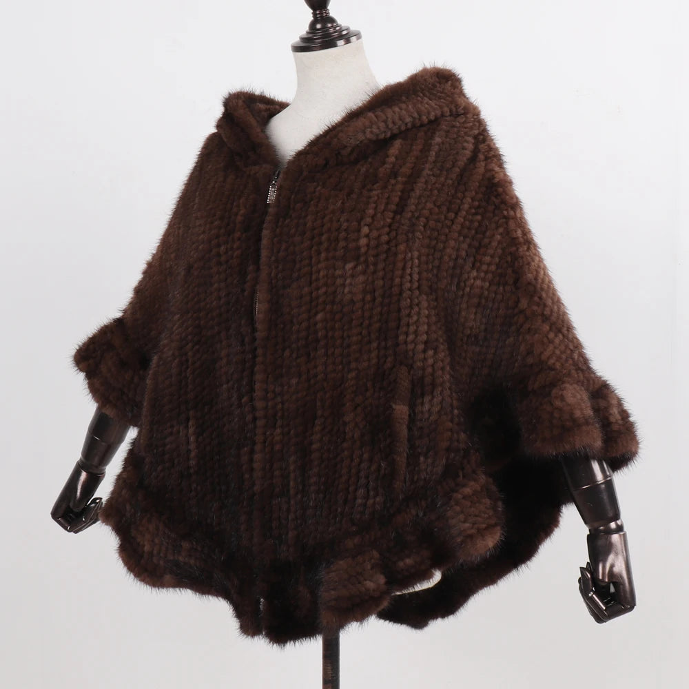 Hot Sale Women Natural Mink Fur Hooded Pashmina Coat 100% Genuine Mink Fur Shawl Lady Luxury Hand Knitted Real Mink Fur Poncho