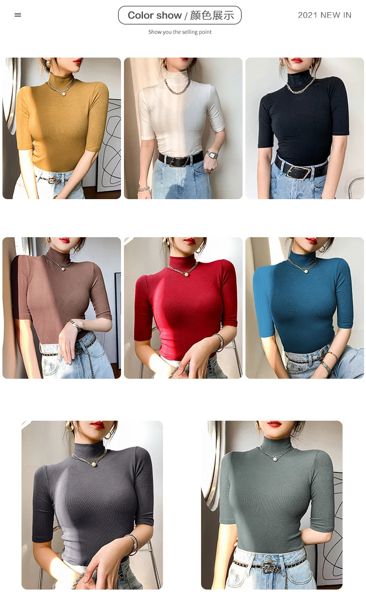 Spring Autumn Black Turtleneck Tops Short Sleeve Slim Tshirt Women Korean Style Basic Elasticity Tee Shirt Femme Mujer Camisetas