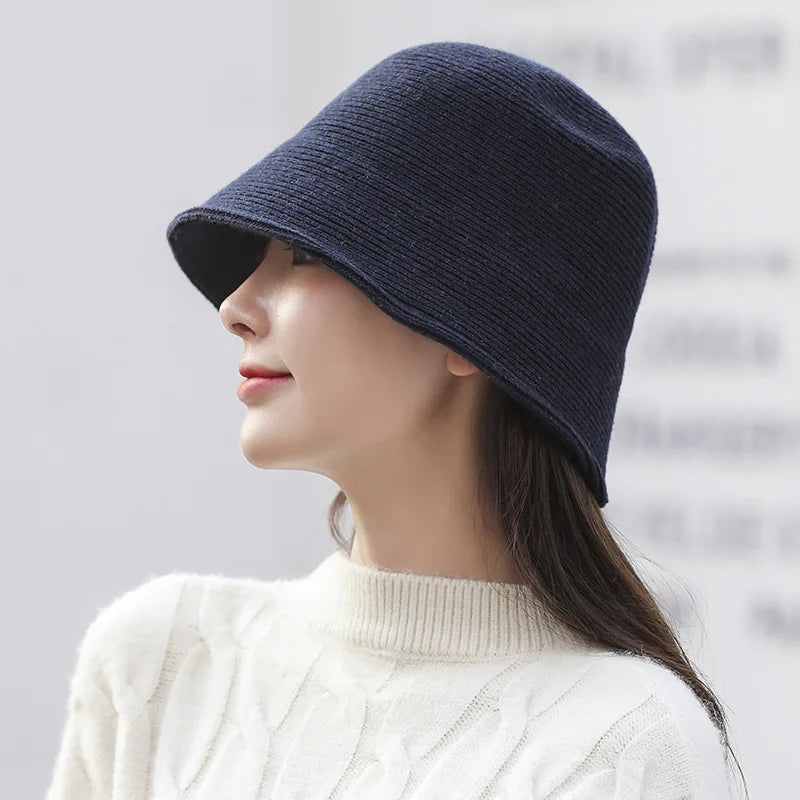 X093 New Fisherman's Hat for Women  Winter Warm Knitted Hat Covers Her Face Japanese Bucket Basin Hat Literary Brim Caps