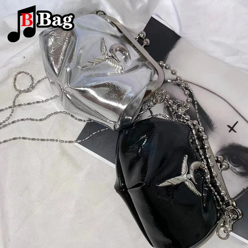 Harajuku Y2K Womens Mini Wallet Handbag Hot Girl Bright PU leather shoulder bag Lady Retro Bead chain Clip bag Tote