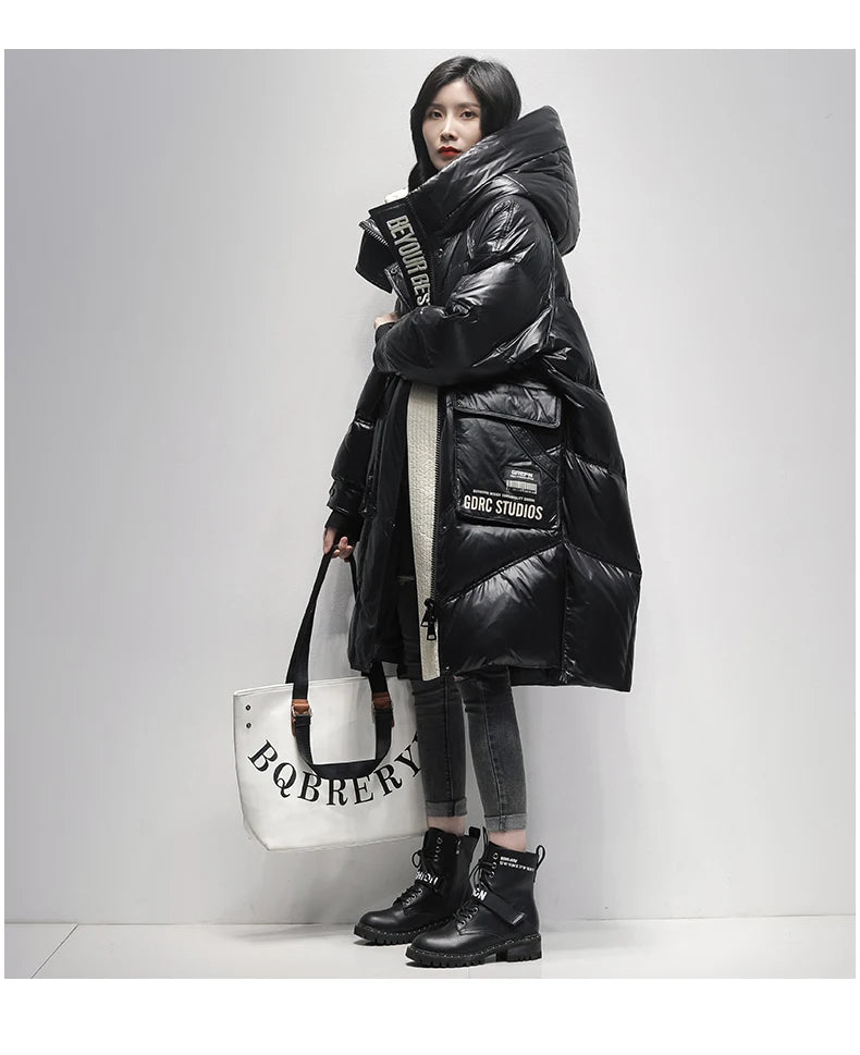 Winter Black Long 90% White Duck down Jacket Women Streetwear 2024 New Fashion Loose Letter Windproof Parkas Hooded Down Coats