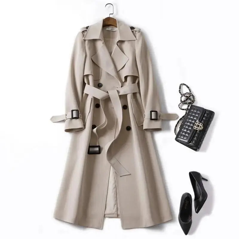 2021 Women Trench Elegant Coat With Belt Autumn Winter Double Breasted Solid Cloak Korean Style Windbreaker Womens Middle Long