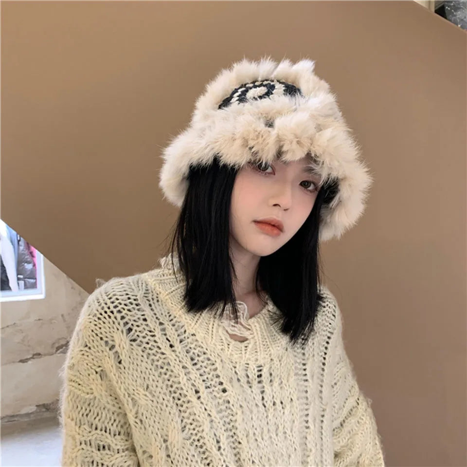 2021 Handmade hook flower 100% Natural Fur Hats Knitted Warm Genuine Mink Fur Cap Russian Women Luxury Panama Fur Hat wool kpop