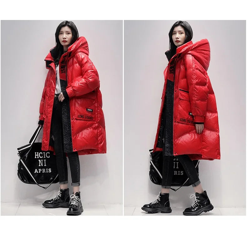 Winter Black Long 90% White Duck down Jacket Women Streetwear 2024 New Fashion Loose Letter Windproof Parkas Hooded Down Coats