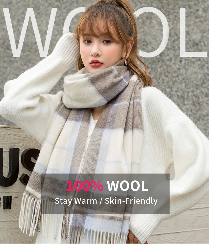 Winter 100% Wool Scarf Women Pink Plaid Shawls and Wraps Echarpe Warm Woolen Pashmina for Ladies Cashmere Scarves Foulard Femme