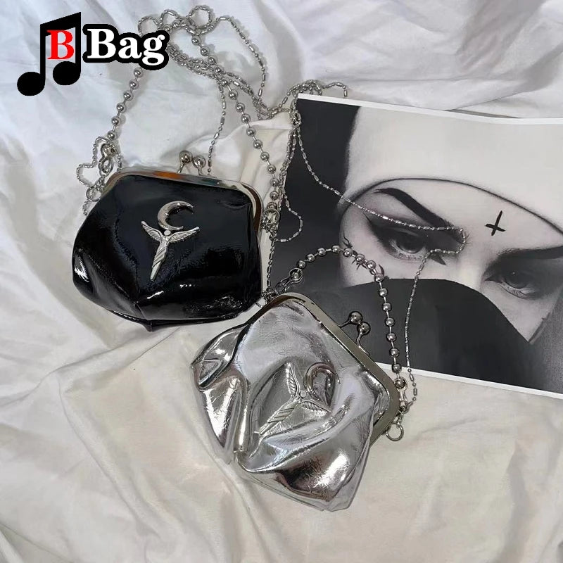 Harajuku Y2K Womens Mini Wallet Handbag Hot Girl Bright PU leather shoulder bag Lady Retro Bead chain Clip bag Tote