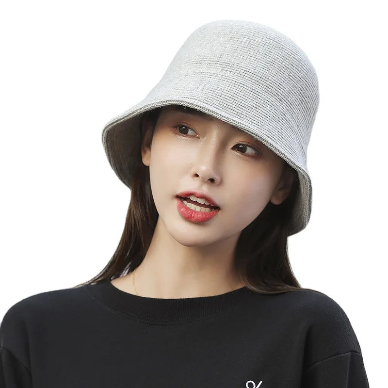 X093 New Fisherman's Hat for Women  Winter Warm Knitted Hat Covers Her Face Japanese Bucket Basin Hat Literary Brim Caps